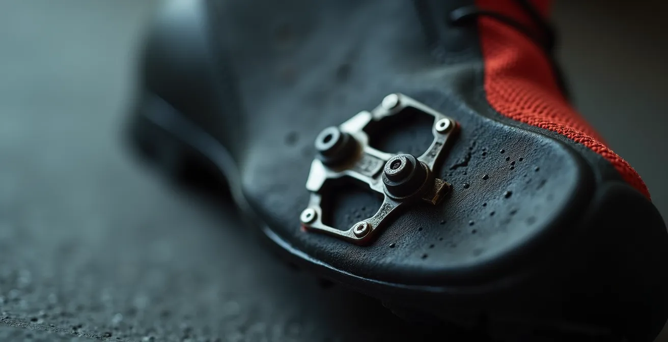 Vista macro detallada del ajuste de calas en zapatilla de ciclismo mostrando la posición correcta respecto al metatarso