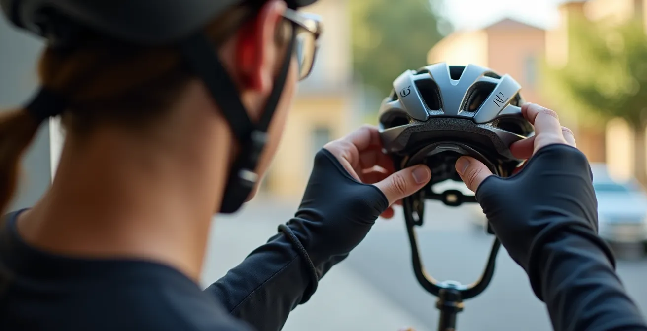 Ciclista ajustando el sistema de retención occipital de su casco con tecnología MIPS