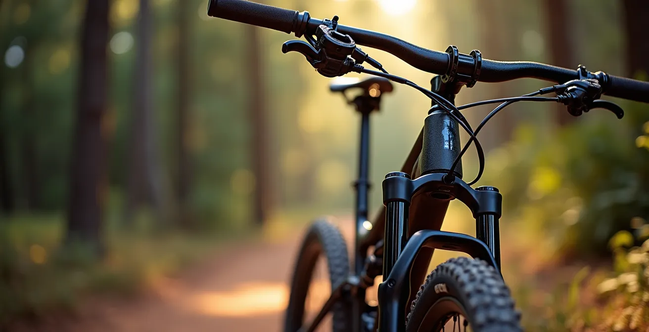 Vista lateral de horquilla de suspensión con ajustes de rebote visibles