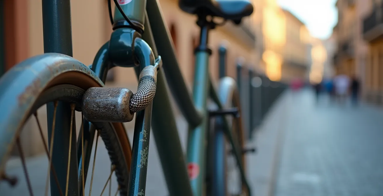 Detalle de aparcamiento de bicicletas con soporte U invertida en calle española