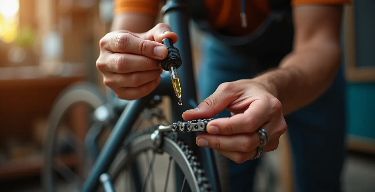 Aplicación precisa de aceite en cadena de bicicleta con método gota a gota