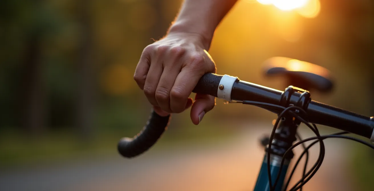 Vista macro de manos en manillar de bicicleta con parque desenfocado al atardecer