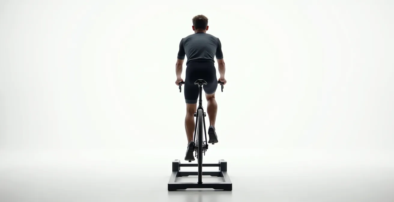 Vista posterior de ciclista mostrando el balanceo pélvico asimétrico sobre el sillín