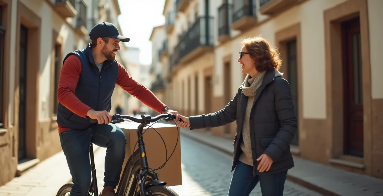 Repartidor con bicicleta de carga en casco histórico español