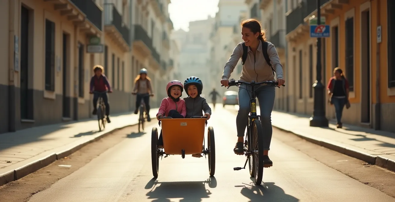 Padre transportando niños en bicicleta cargo por carril bici protegido en Barcelona