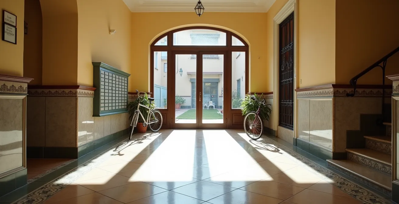 Vista amplia de un portal de edificio español con una bicicleta apoyada en un rincón disponible