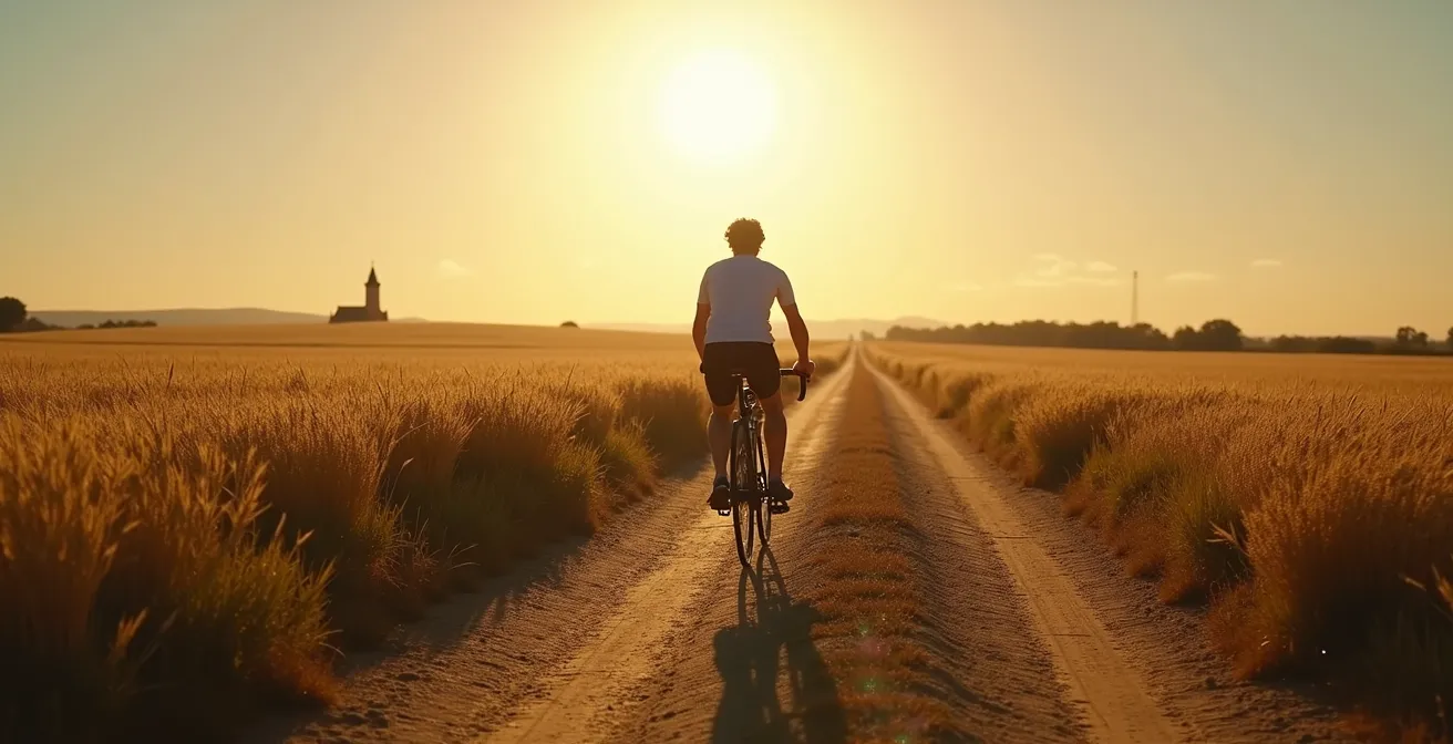 Ciclista descubriendo un camino rural tranquilo entre campos de Castilla