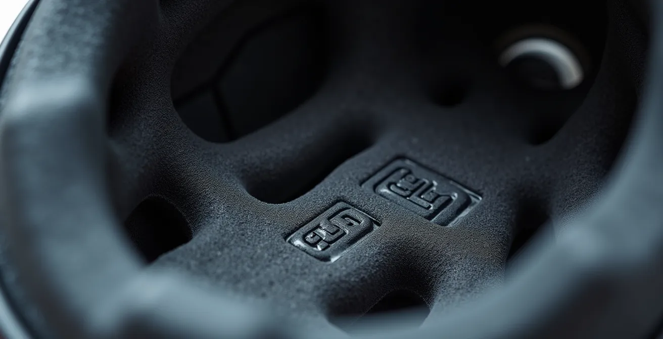 Detalle macro del interior de un casco mostrando la etiqueta de certificación CE y EN 1078