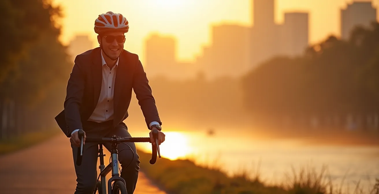 Ciclista pedaleando al amanecer junto al río Manzanares con luz dorada reflejándose en el agua