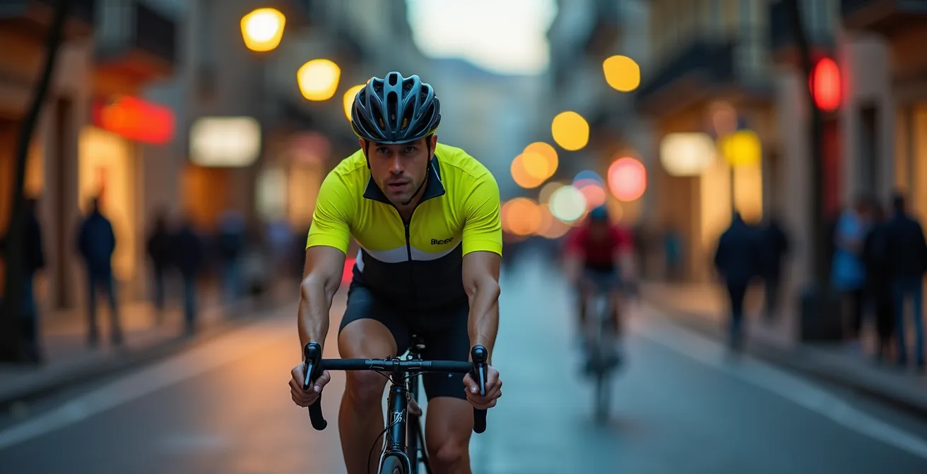 Ciclista urbano en calle española al amanecer con equipamiento de alta visibilidad