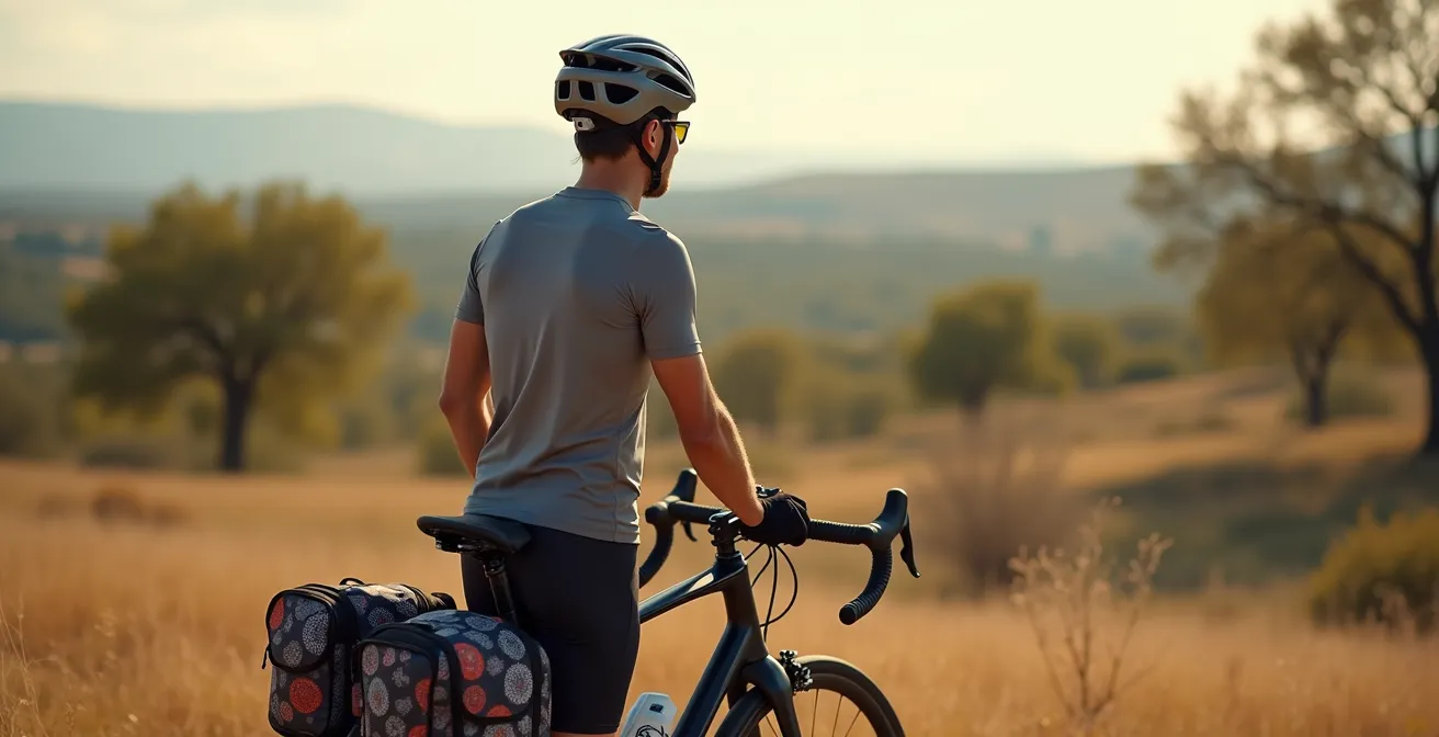 Ciclista de espaldas observando el paisaje extremeño sin móvil, bicicleta apoyada al lado