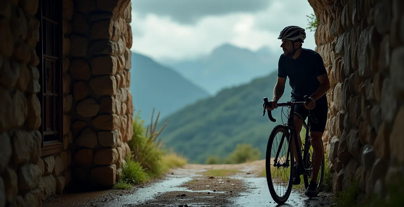 Un ciclista de gravel se refugia de una tormenta de verano repentina en una cabaña de piedra en las montañas españolas.