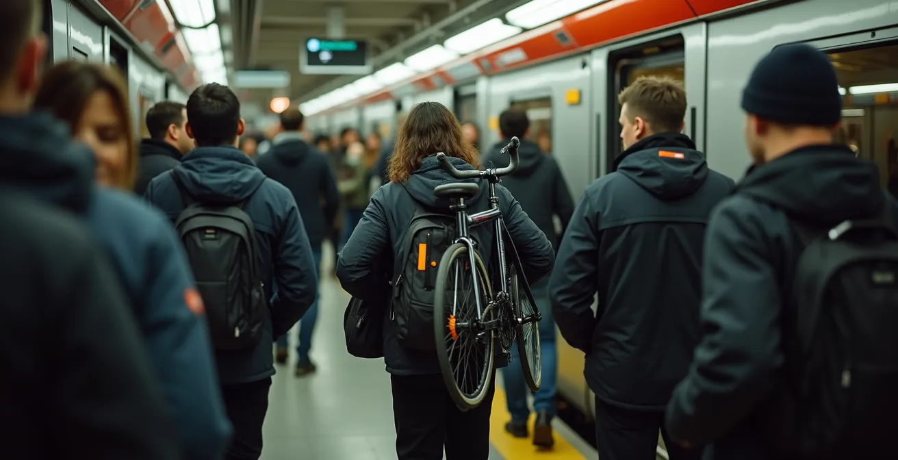 Persona con bicicleta plegable en funda entrando a tren de Cercanías durante hora punta