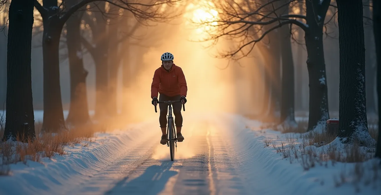 Ciclista con ropa de invierno pedaleando por parque con árboles y neblina matutina