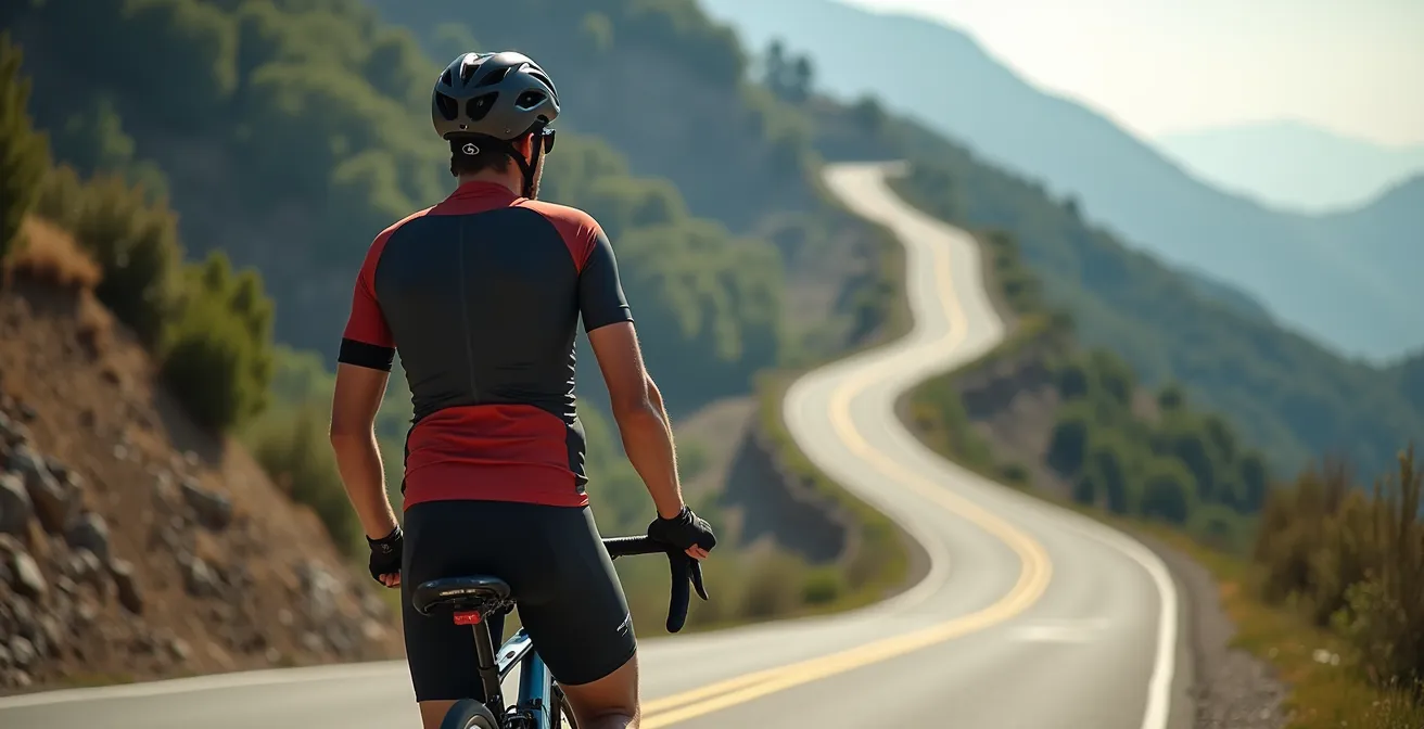 Ciclista desde atrás observando un puerto de montaña empinado con su bicicleta al lado