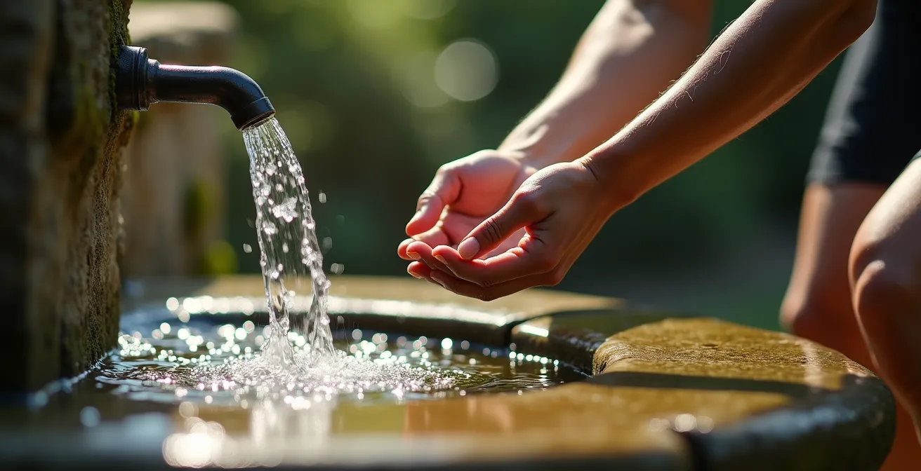 Primer plano de manos de un ciclista recogiendo agua fresca de una fuente de piedra natural