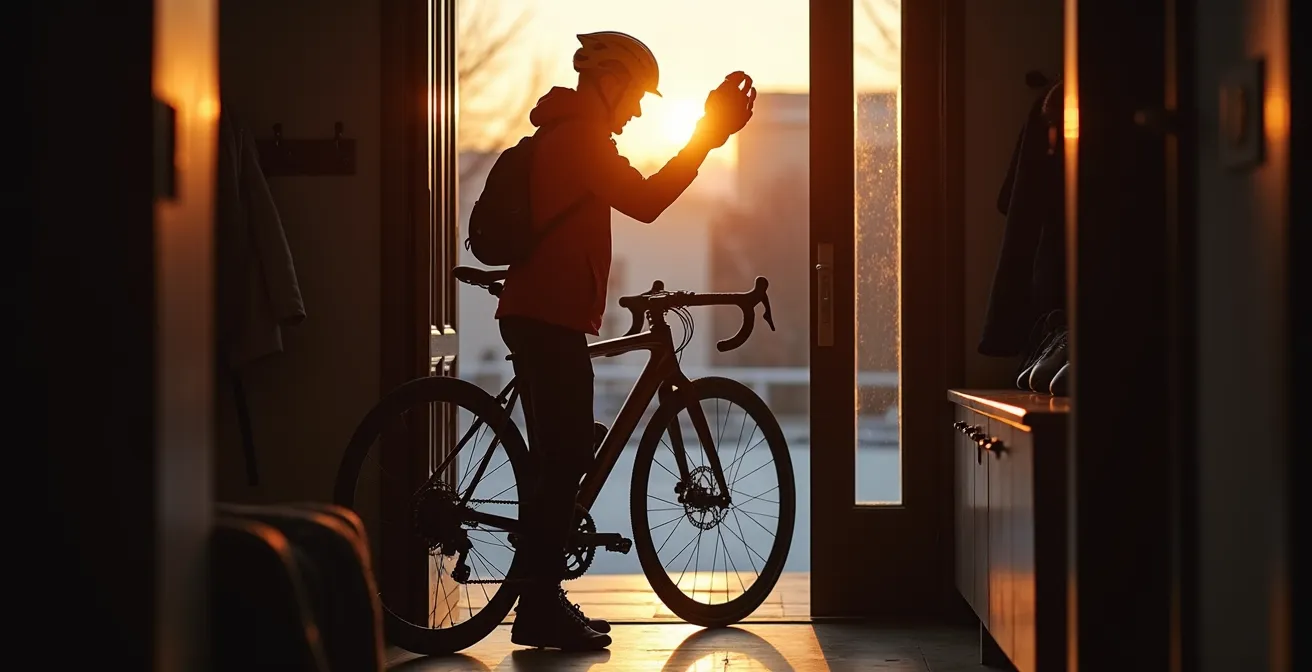 Ciclista preparándose temprano por la mañana para ir al trabajo en invierno