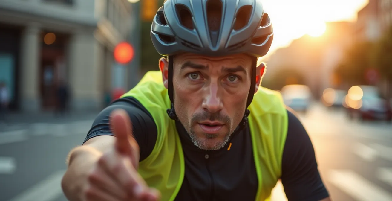 Primer plano de ciclista estableciendo contacto visual con conductor en intersección urbana española