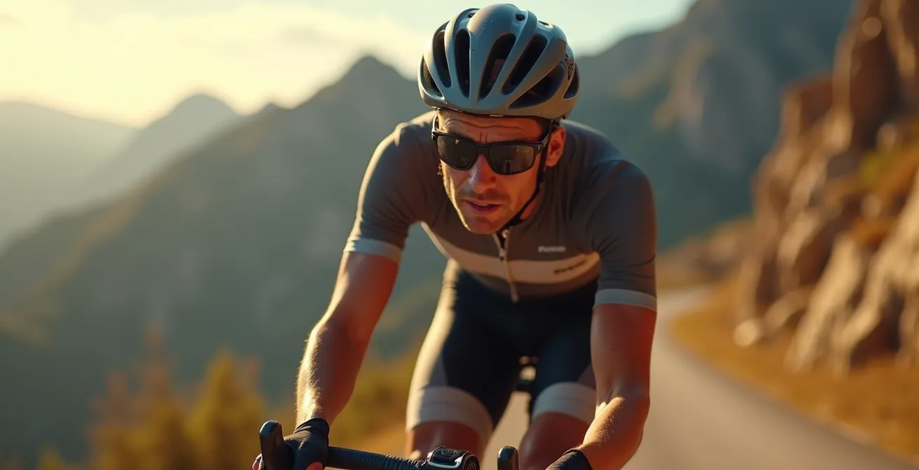 Ciclista ascendiendo puerto de montaña español con paisaje montañoso de fondo