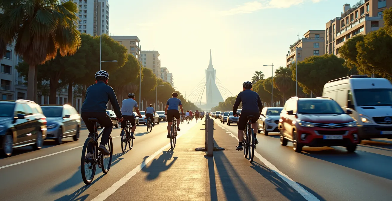 Grupo de ciclistas circulando con seguridad por carril bici protegido en Valencia