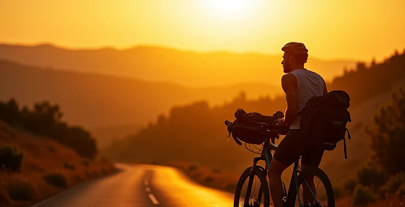 Silueta de ciclista con alforjas descansando al atardecer en camino rural español