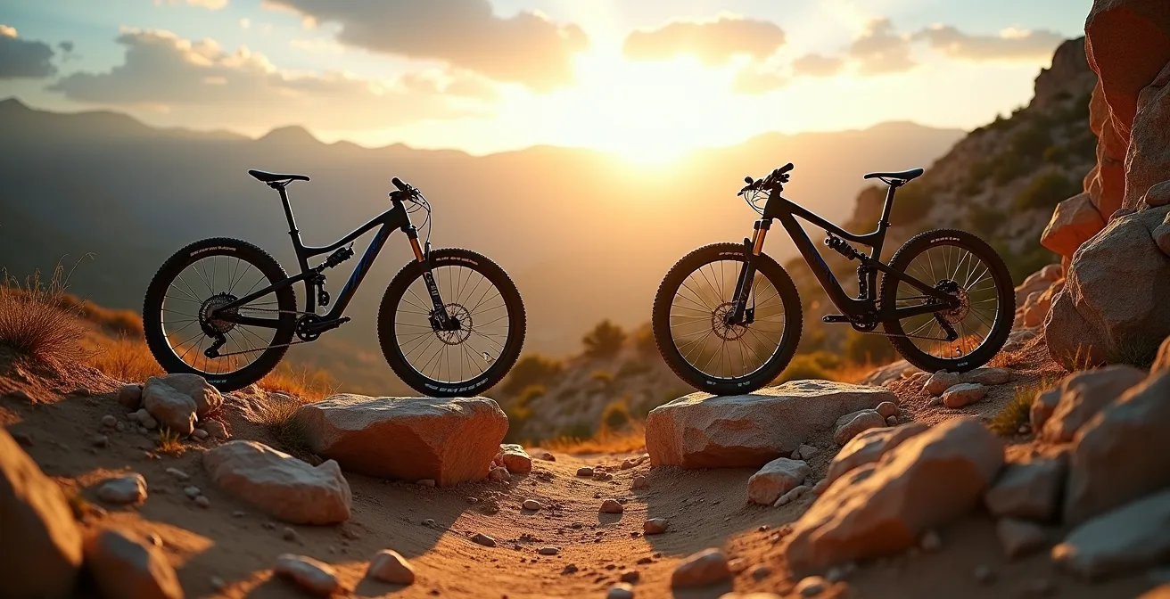 Comparación visual entre bicicleta rígida y doble suspensión en sendero de montaña español