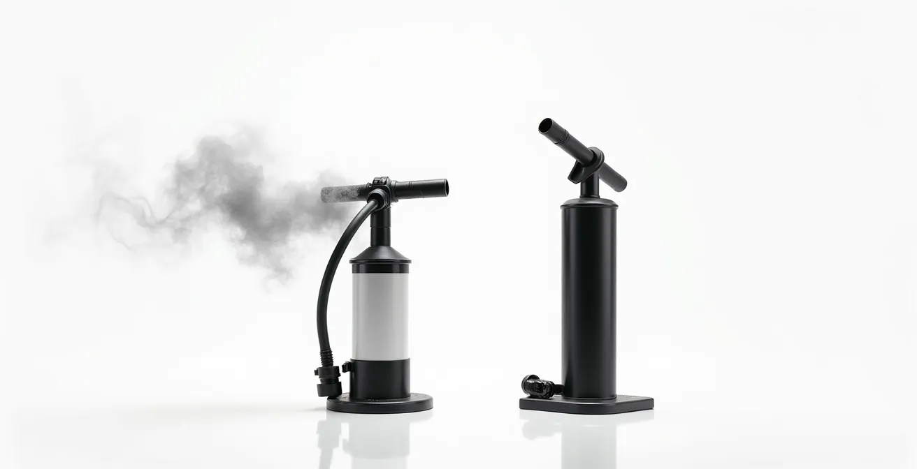 Comparación visual entre bomba de alto volumen con booster y bomba de alta presión para diferentes disciplinas