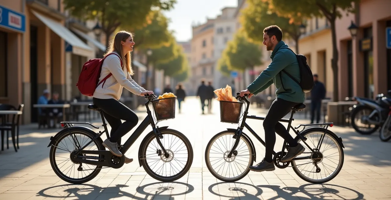 Vista lateral comparativa de dos bicicletas urbanas con cuadro alto y bajo en plaza española