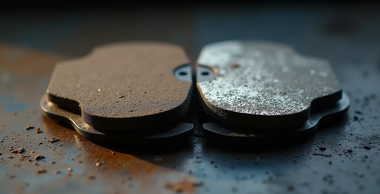 Comparación visual del desgaste entre pastillas orgánicas y sinterizadas después de uso intensivo