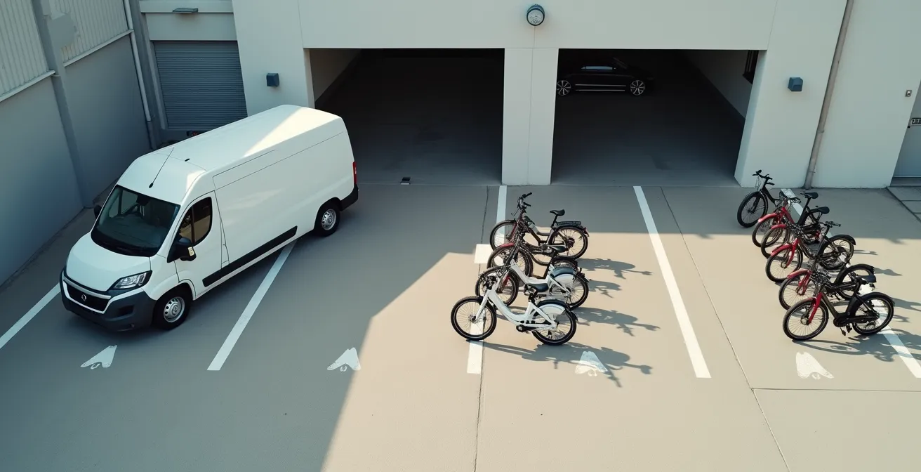 Vista aérea comparativa del espacio ocupado por una furgoneta versus tres bicicletas de carga