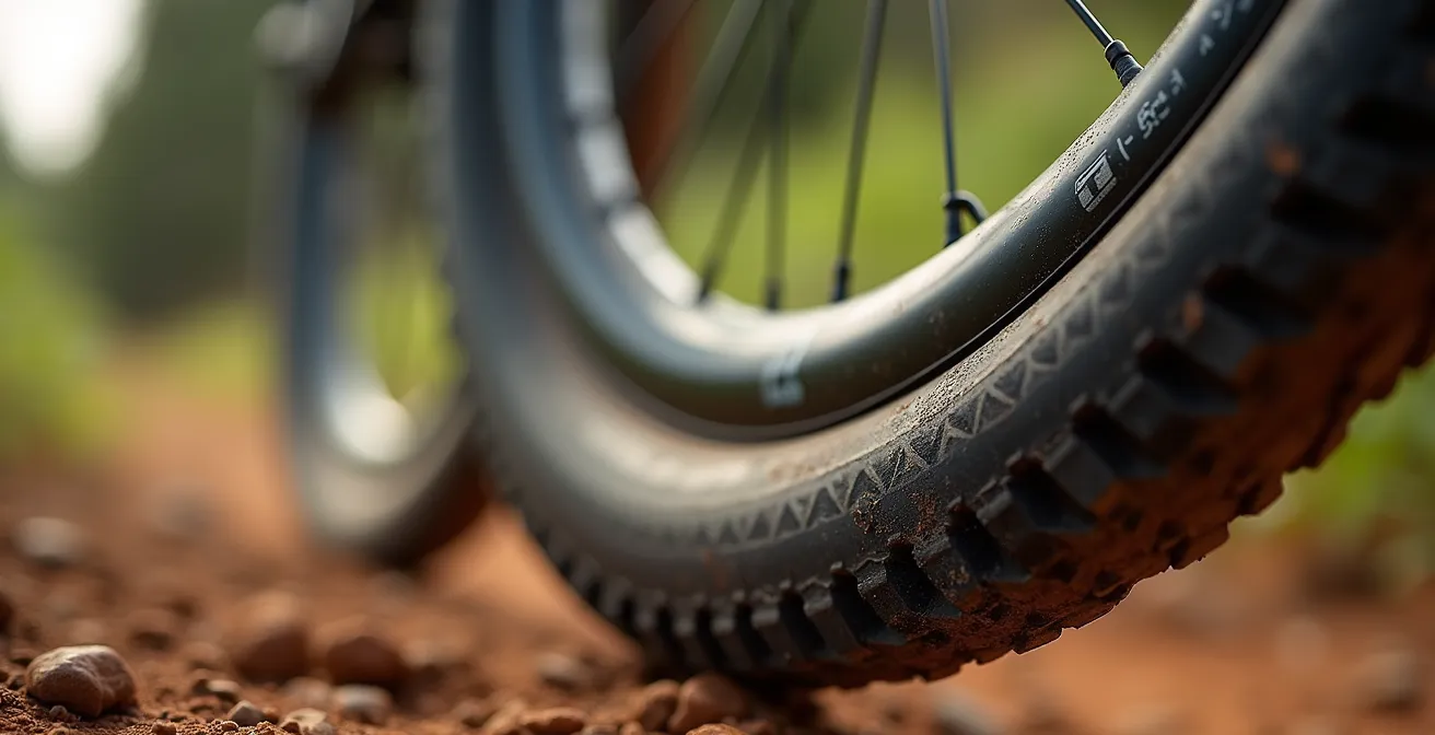 Primer plano de rueda de bicicleta mostrando la holgura del paso de rueda con diferentes anchos de neumático