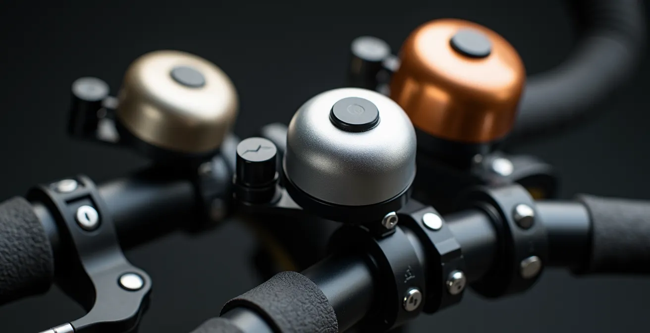 Detalle macro de diferentes tipos de timbres de bicicleta montados en manillares