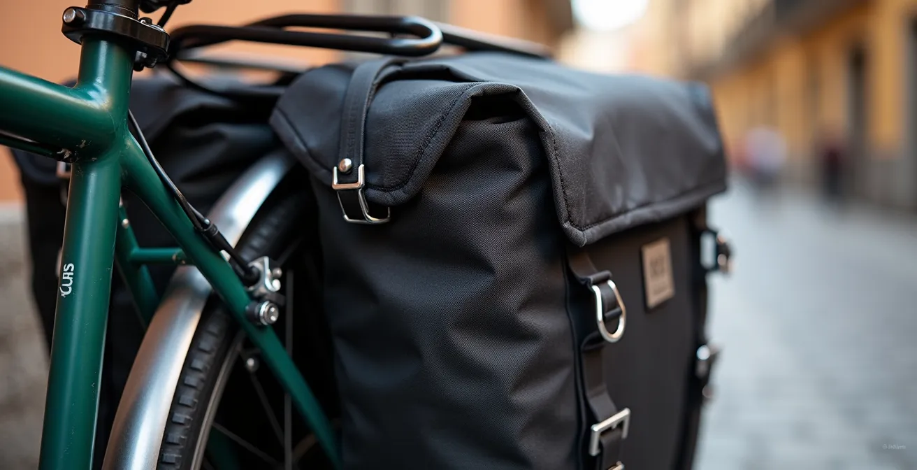Vista macro de sistema de alforjas profesionales en bicicleta urbana