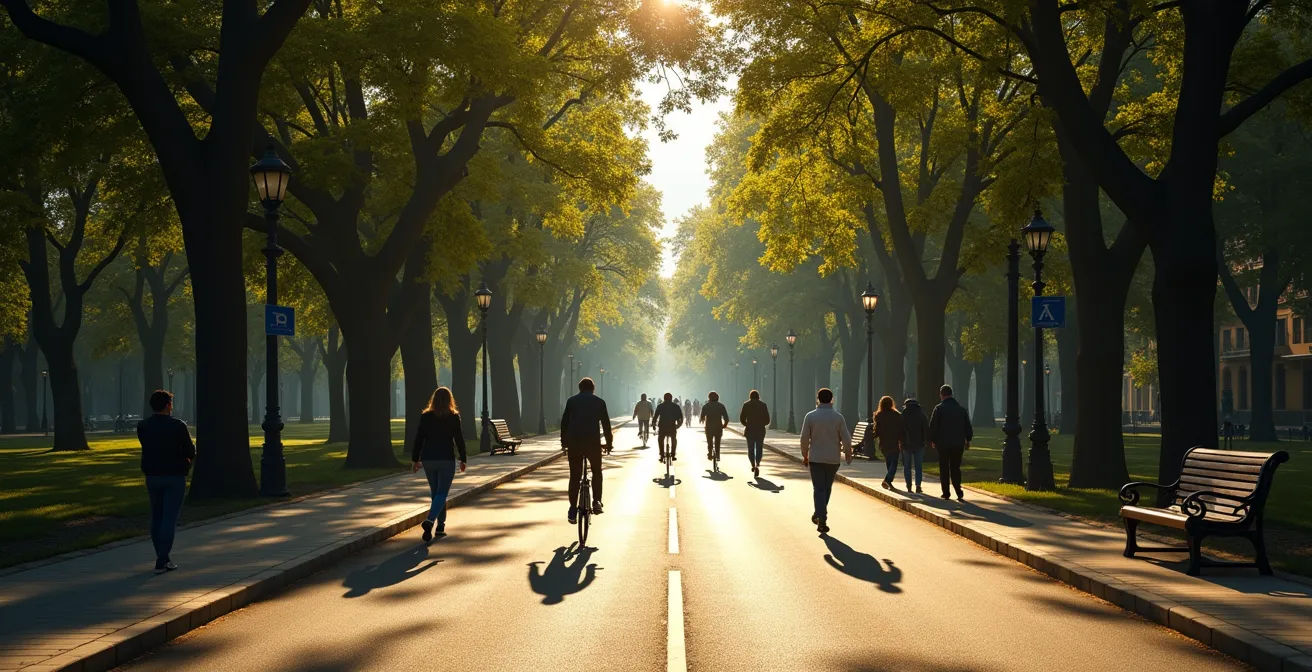 Ciclistas y peatones compartiendo armoniosamente un paseo arbolado en el Parque del Retiro