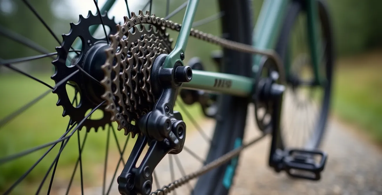 Detalle macro del sistema de cambios de una bicicleta de trekking mostrando platos y piñones