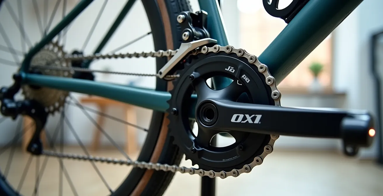 Vista detallada del tornillo de tensión B siendo ajustado en un cambio trasero