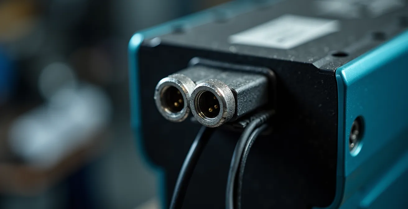 Detalle macro de conexiones de diagnóstico de batería de bicicleta eléctrica con herramientas profesionales