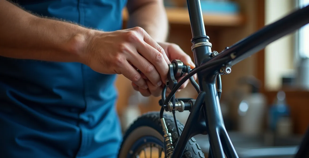 Manos de mecánico ajustando tensor de cable de cambio en bicicleta