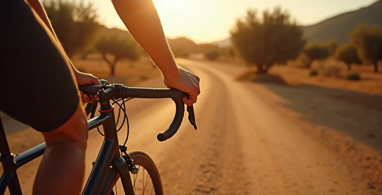 Ciclista realizando diagnóstico táctil de la cadena con los dedos