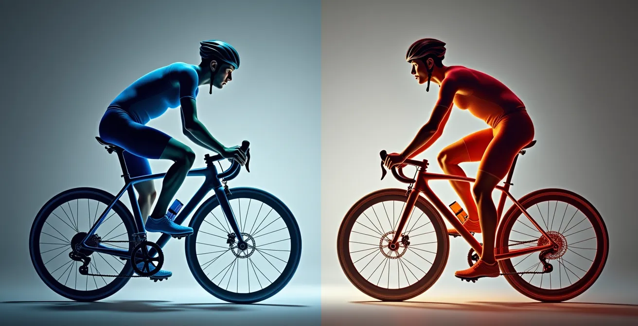 Vista lateral comparativa de dos posturas ciclistas mostrando distribución del peso corporal