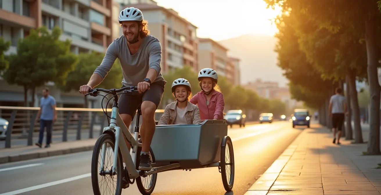 Familia usando cargo bike en carril bici urbano de ciudad española