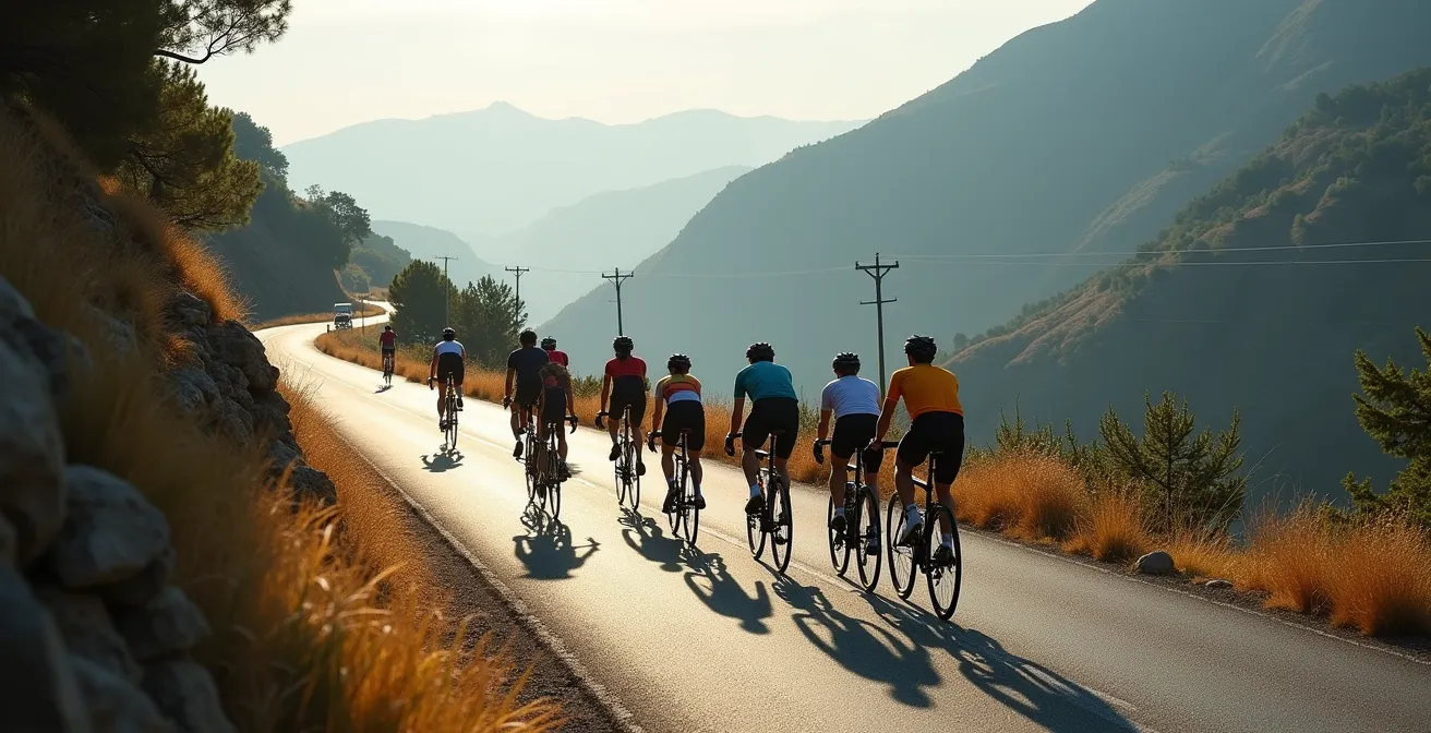 Grupo de ciclistas dividiéndose naturalmente en subida de montaña, cada uno a su ritmo