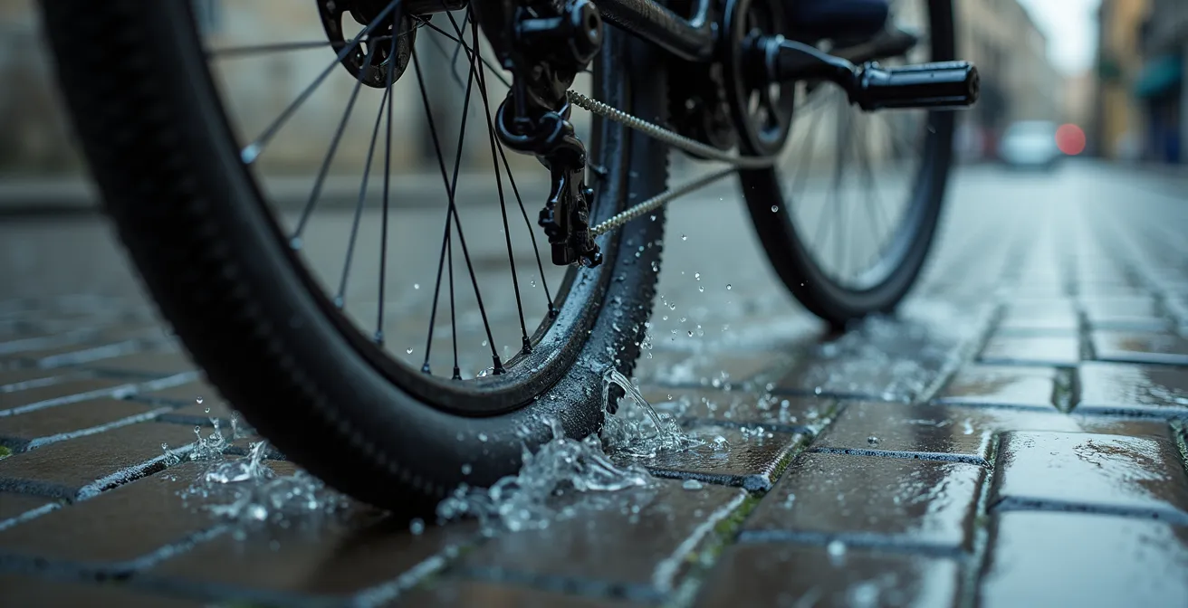 Detalle de guardabarros completo con faldón de goma en bicicleta urbana bajo lluvia
