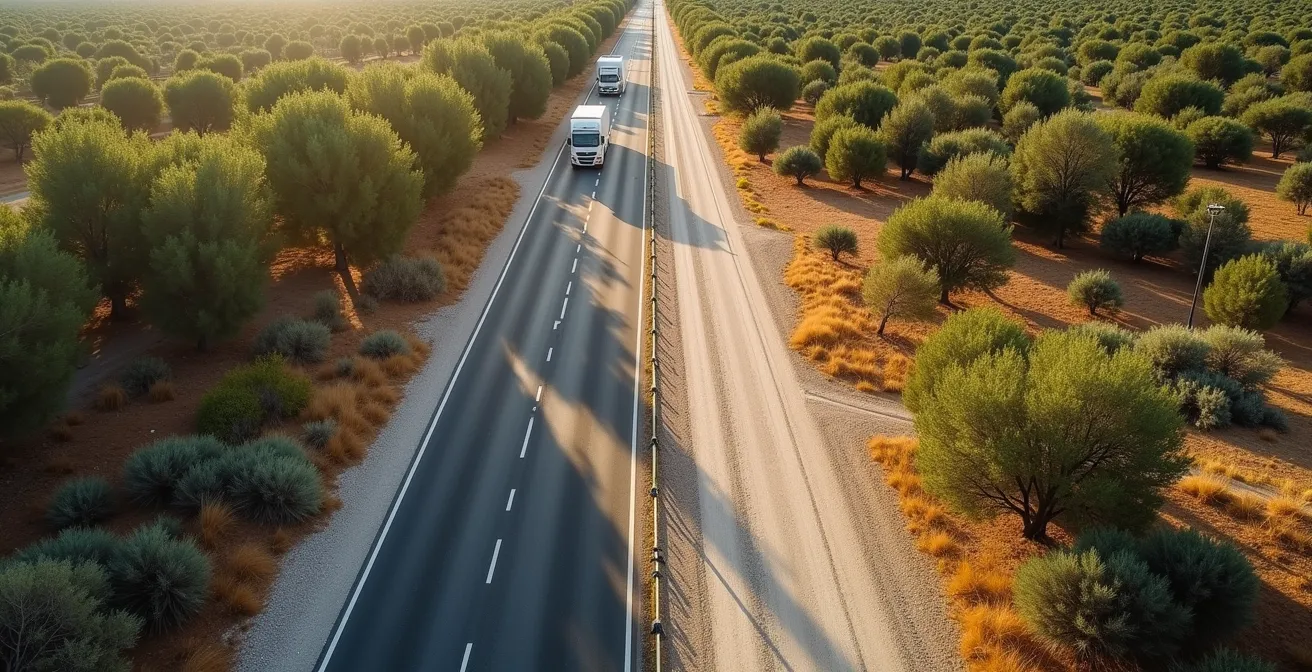 Vista aérea de una carretera con un mapa de calor superpuesto mostrando una alta intensidad de uso junto a un camino de gravel tranquilo.