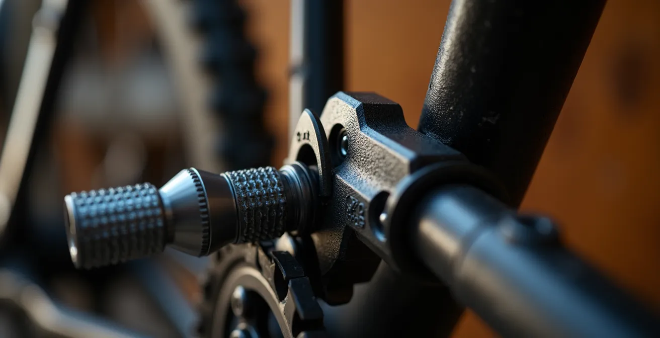 Herramienta de alineación verificando la patilla del cambio en una bicicleta