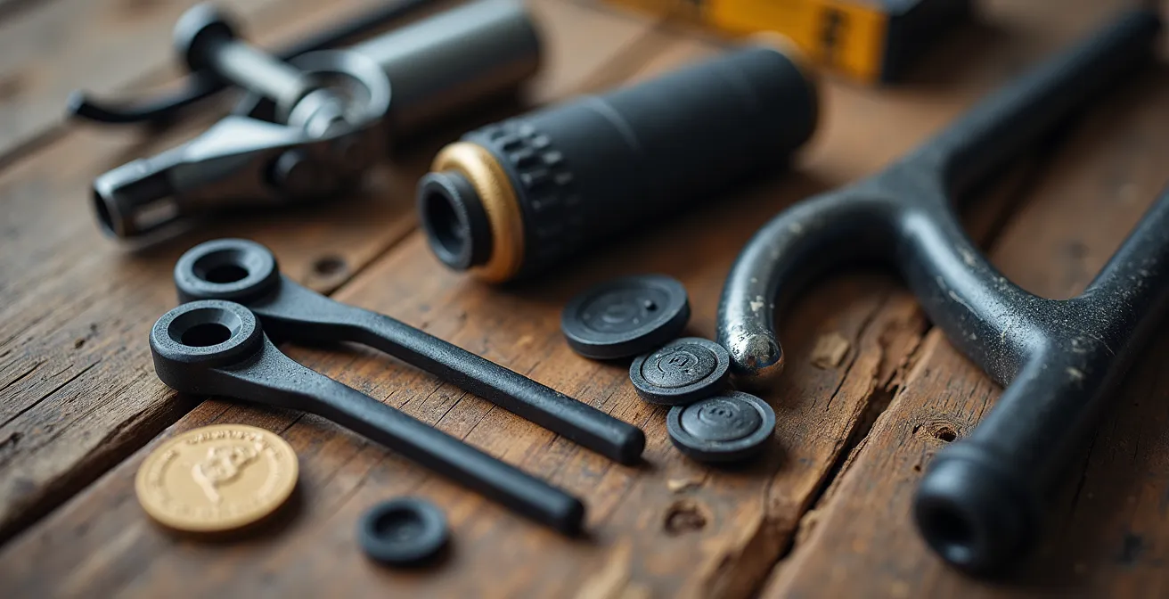 Kit de reparación de pinchazos dispuesto sobre superficie de madera