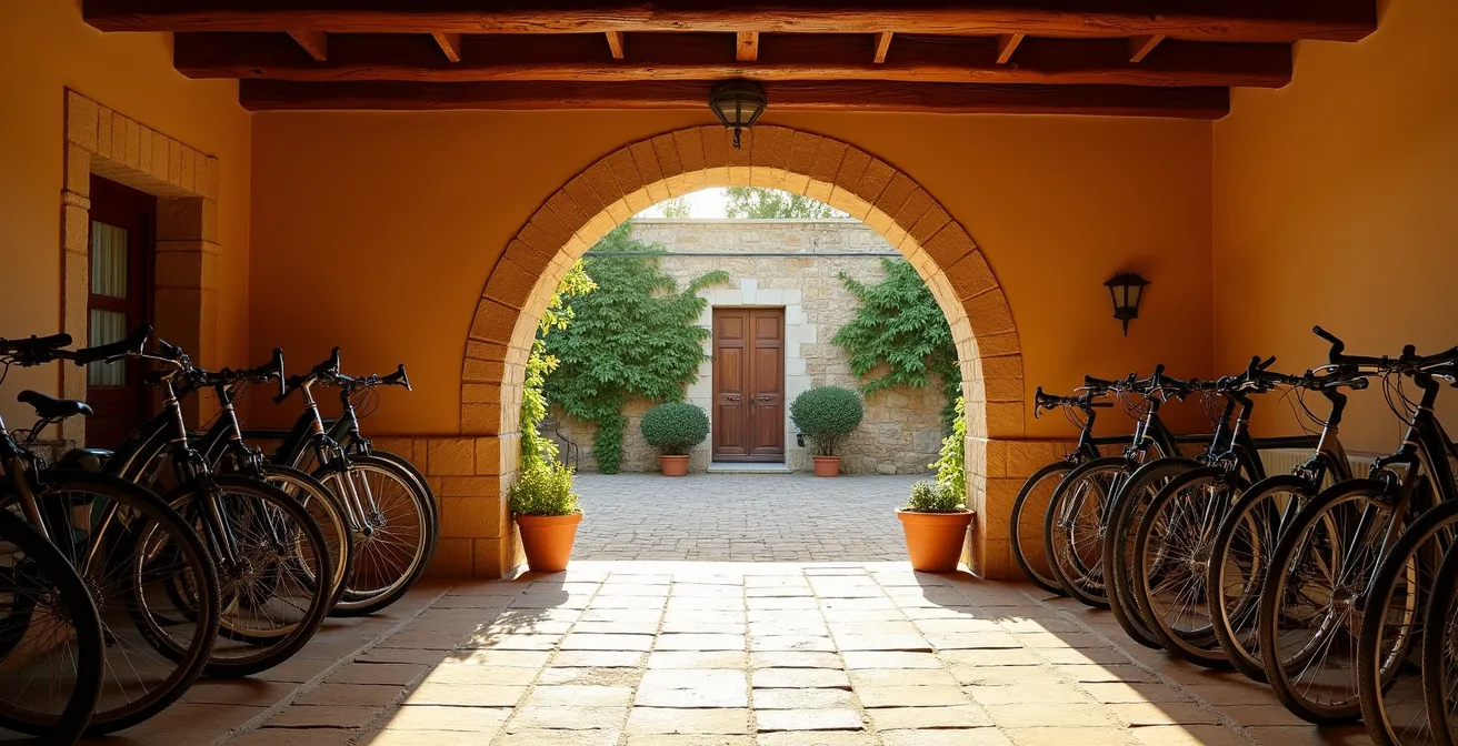Patio interior de casa rural española con bicicletas guardadas en antiguas caballerizas de piedra