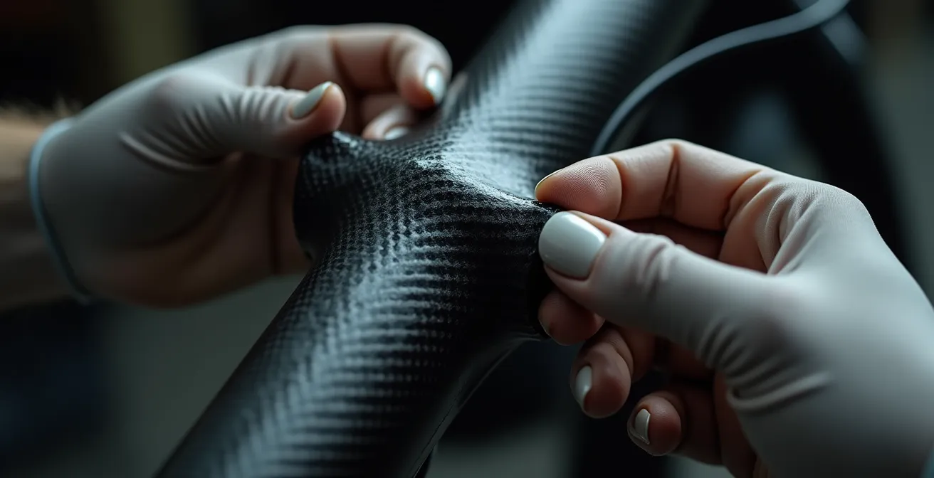 Manos expertas inspeccionando el cuadro de carbono de una bicicleta de segunda mano con luz natural