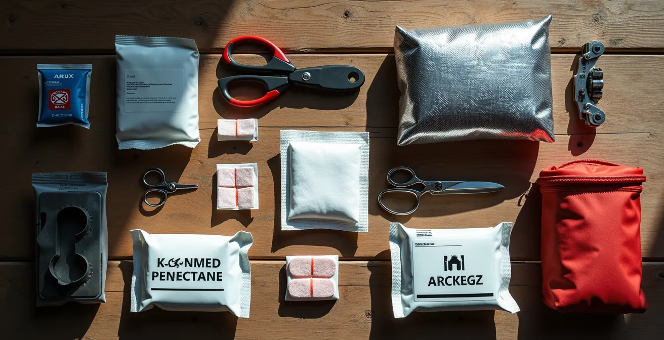 Vista cenital de kit de primeros auxilios compacto desplegado sobre superficie de madera