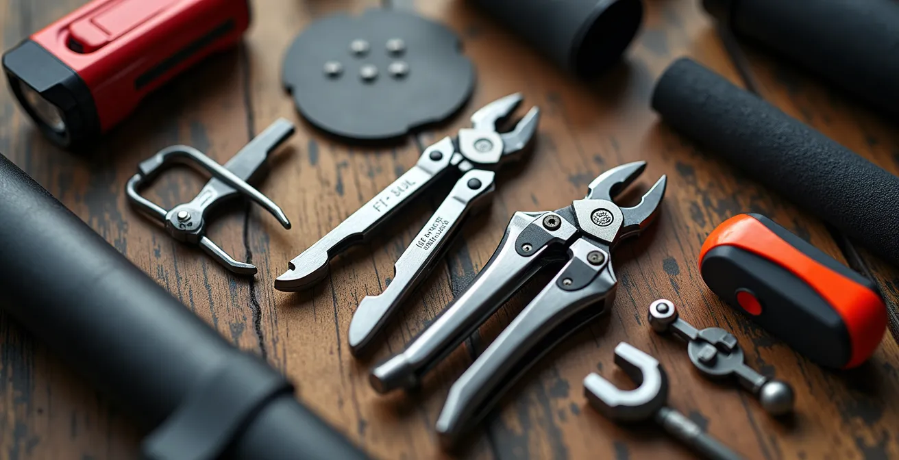Kit de herramientas de ciclista organizado con linterna roja en mesa de albergue
